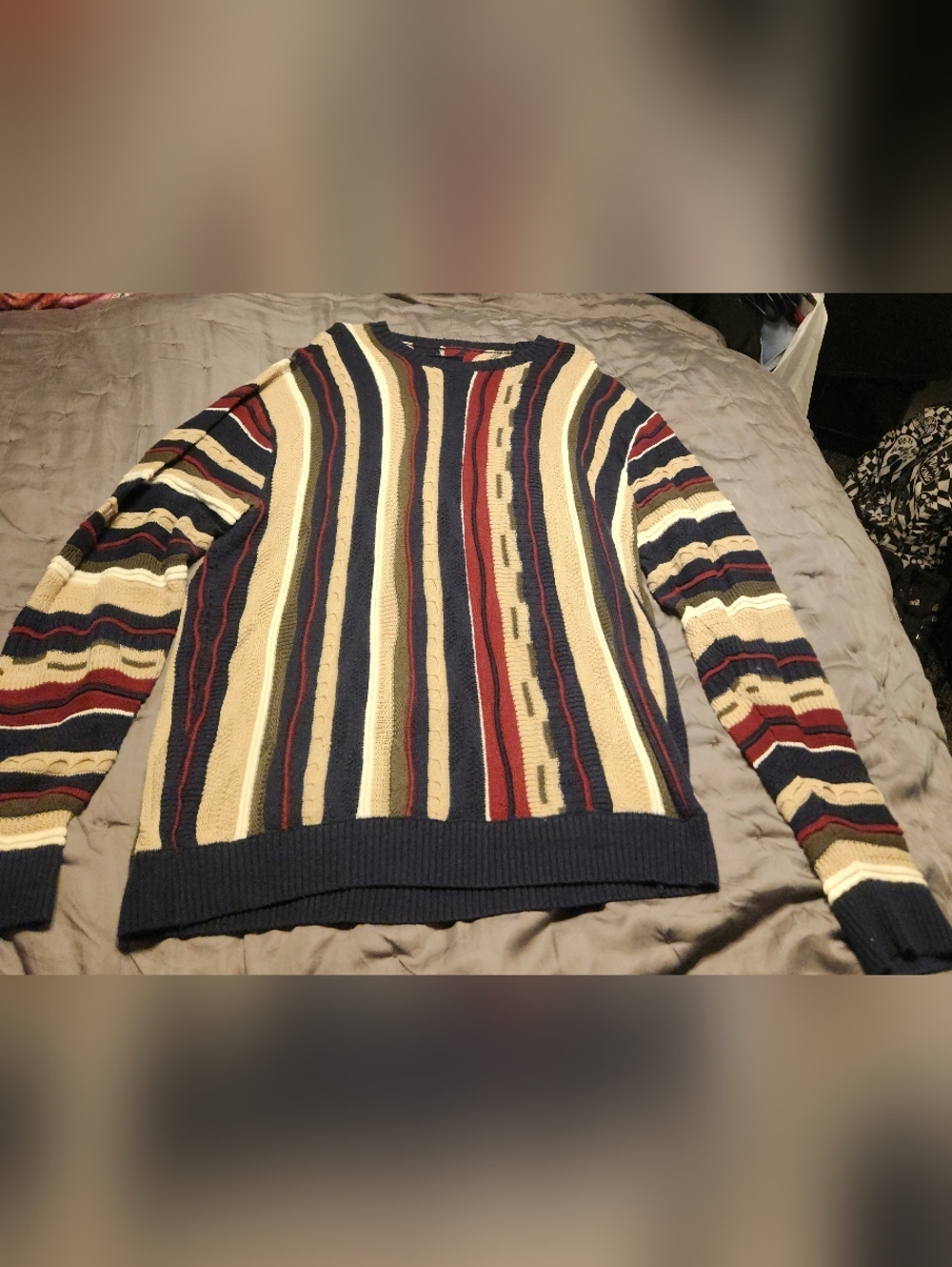 Hollister Men's Striped Crewneck Sweater in Navy, Cream, Red and Olive
